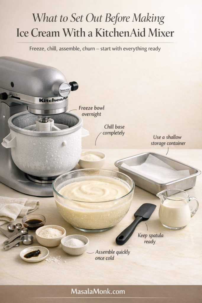 KitchenAid ice cream setup guide showing a stand mixer with ice cream attachment, chilled vanilla base, spatula, measuring tools, and shallow storage container arranged before making homemade ice cream.