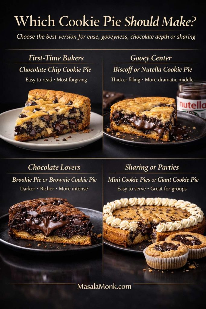 Not every cookie pie is aiming for the same result. This quick chooser helps you match the version to the kind of bake you want most, whether that means an easier first attempt, a gooier center, deeper chocolate flavor, or a format that is easier to share.