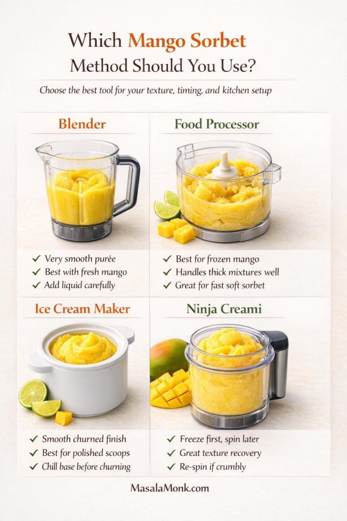 Comparison guide for a mango sorbet recipe showing four methods: blender for very smooth purée, food processor for frozen mango and thick mixtures, ice cream maker for polished churned scoops, and Ninja Creami for freeze-first re-spin texture recovery.