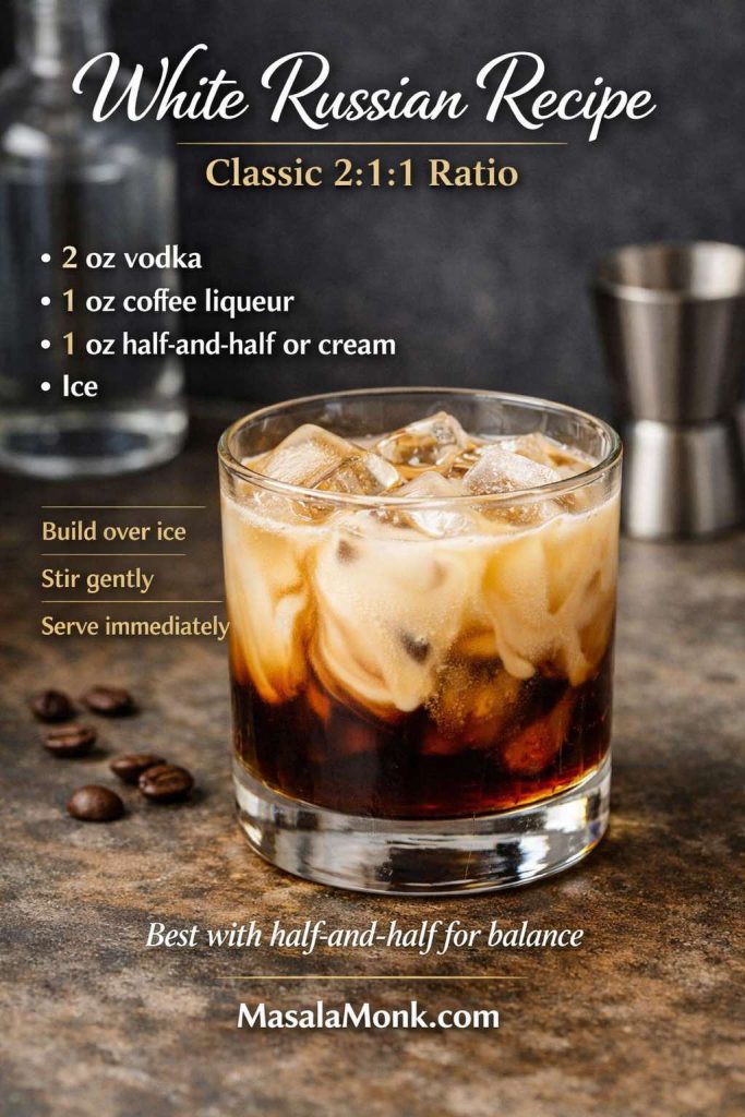 White Russian recipe card showing a classic White Russian cocktail in a rocks glass over ice with creamy swirl text overlay listing vodka, coffee liqueur, half-and-half or cream, and the classic 2:1:1 ratio.