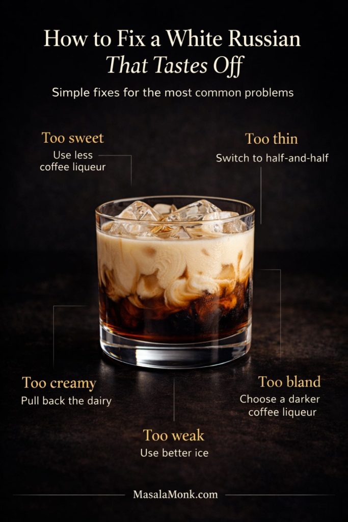 White Russian troubleshooting guide showing a classic White Russian cocktail with text overlay for common problems including too sweet, too thin, too creamy, too weak, and too bland, with simple fixes for each.