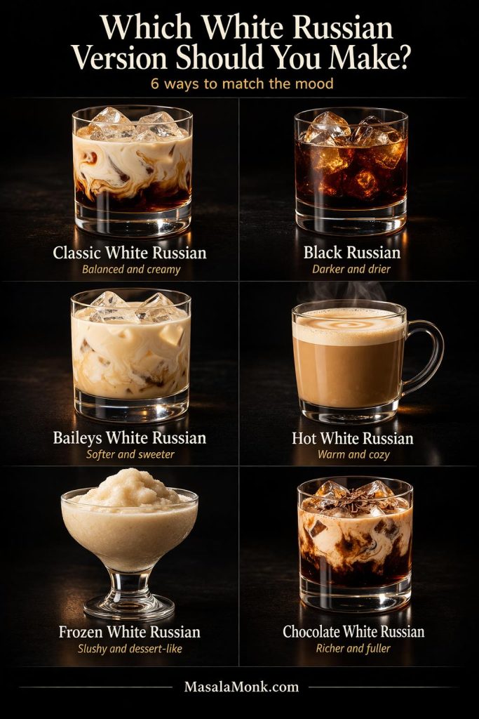 White Russian comparison guide showing six White Russian variations in a 2 by 3 grid: Classic White Russian, Black Russian, Baileys White Russian, Hot White Russian, Frozen White Russian, and Chocolate White Russian, with short descriptors for each style.