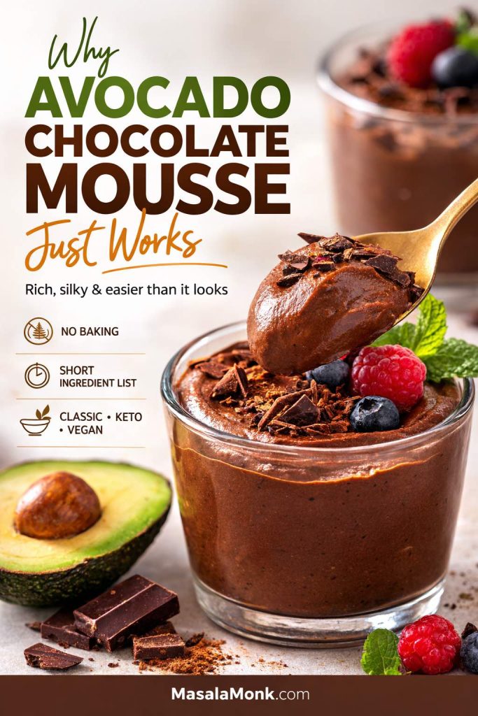 Avocado chocolate mousse in a glass with a spoonful lifted, showing the rich silky texture of this easy no-bake chocolate dessert made with avocado.