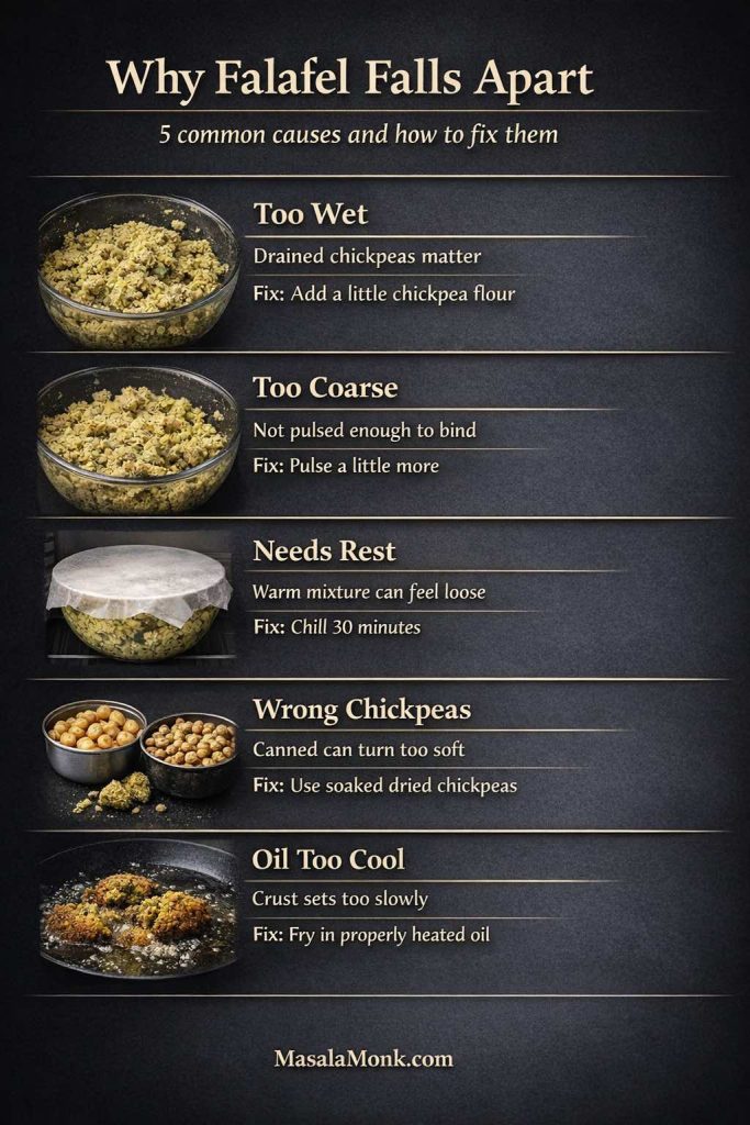 When falafel falls apart, the problem is usually not random. Most batches fail because the mixture is too wet, too coarse to bind, not rested long enough, made with chickpeas that are too soft, or fried before the oil is properly hot. Catching the real cause early makes the fix much easier, whether that means draining better, pulsing a little more, chilling the mixture, switching to soaked dried chickpeas, or waiting for the oil to come up to temperature.
