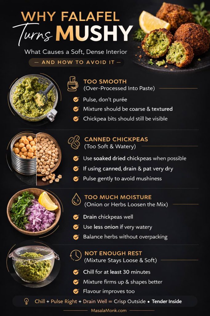 Falafel troubleshooting guide explaining why falafel turns mushy, including over-processed mixture, canned chickpeas, too much moisture, and not enough resting time, with a fix for each problem.