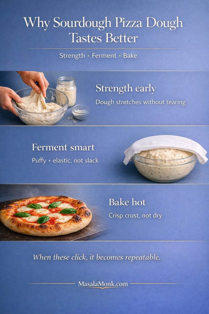 Sourdough pizza dough gets better when you nail three things: build strength early so it stretches easily, ferment until the dough is puffy (not slack), and bake hot so the crust turns crisp instead of dry.