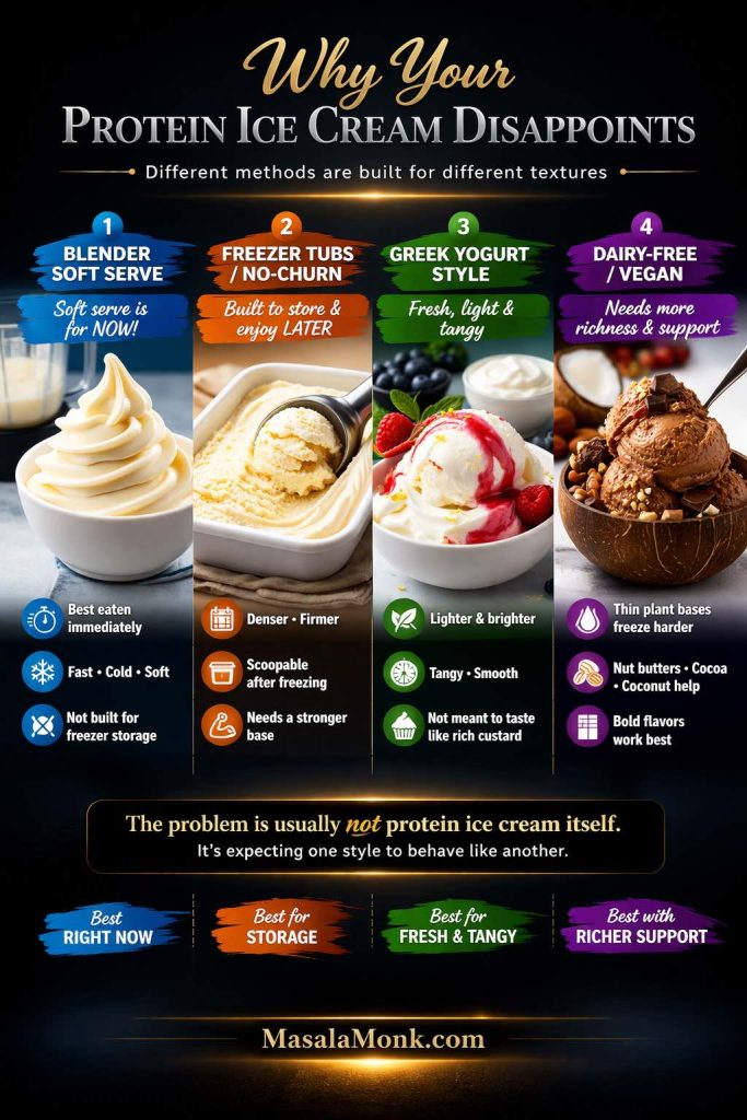 Protein ice cream method and texture comparison guide showing blender soft serve, freezer tub no-churn, Greek yogurt style, and dairy-free vegan protein ice cream with notes on how each texture and method behaves.