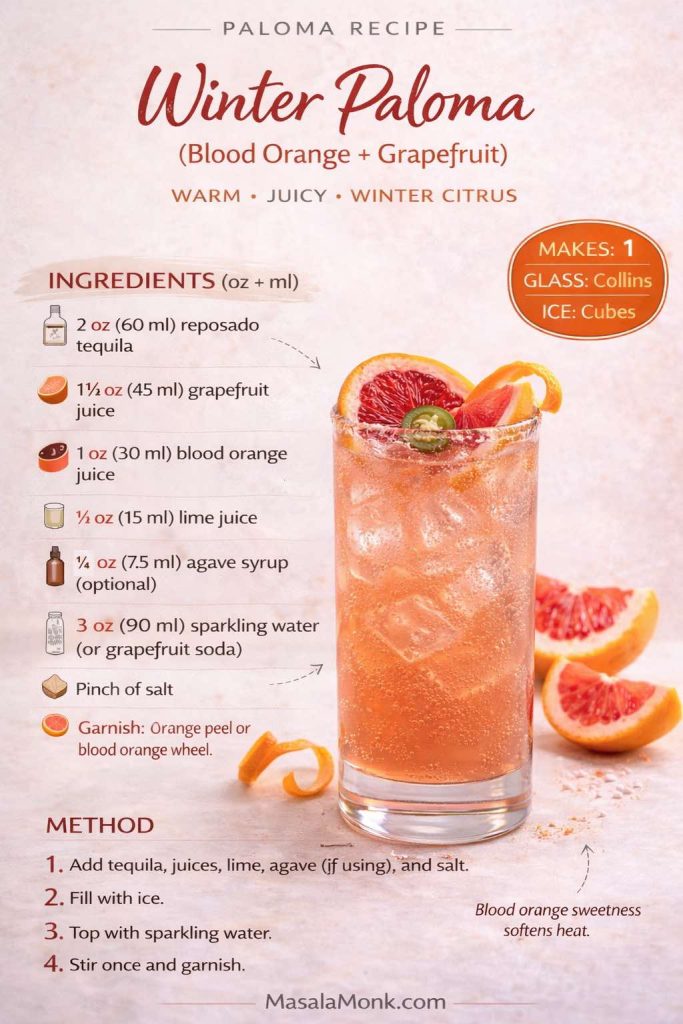 Recipe poster titled “Winter Paloma (Blood Orange + Grapefruit)” listing ingredients in oz and ml: reposado tequila, grapefruit juice, blood orange juice, lime juice, optional agave syrup, sparkling water or grapefruit soda, pinch of salt, and garnish of orange peel or blood orange wheel. It shows the method: add tequila and juices with optional agave and salt, fill with ice, top with sparkling water, then stir once and garnish, with a note that blood orange sweetness softens heat.