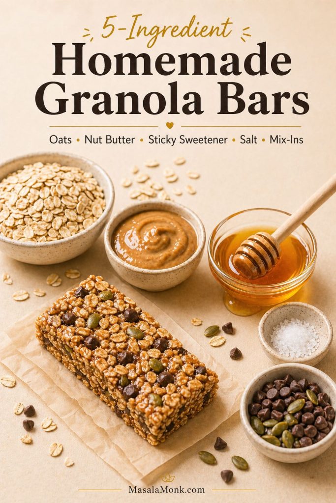 Five ingredients for homemade granola bars: oats, nut butter, honey, salt, mix-ins, and one finished granola bar.