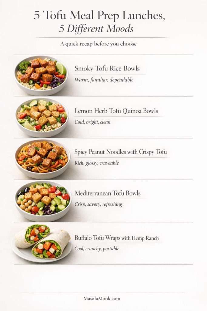 Tofu meal prep recap guide showing five lunch options and their moods: smoky tofu rice bowls, lemon herb tofu quinoa bowls, spicy peanut noodles with crispy tofu, Mediterranean tofu bowls, and buffalo tofu wraps with hemp ranch.