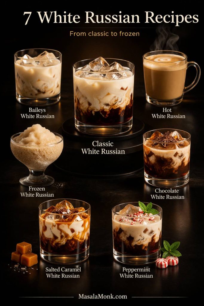 Editorial White Russian recipe roundup graphic showing seven White Russian variations: Classic White Russian, Baileys White Russian, Hot White Russian, Frozen White Russian, Chocolate White Russian, Salted Caramel White Russian, and Peppermint White Russian.