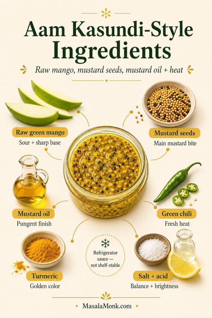 Aam kasundi-style ingredient guide showing raw green mango, mustard seeds, mustard oil, green chili, turmeric, salt, and acid for a refrigerator sauce.