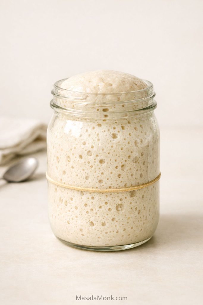 Active gluten free sourdough starter in a glass jar with visible bubbles and rise.