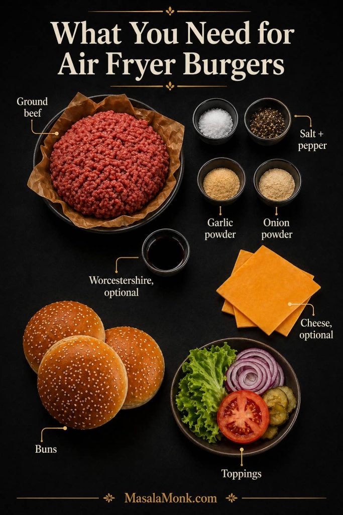 Air fryer burger ingredients including ground beef, salt, black pepper, garlic powder, onion powder, Worcestershire sauce, cheese slices, burger buns, lettuce, tomato, onion, and pickles.