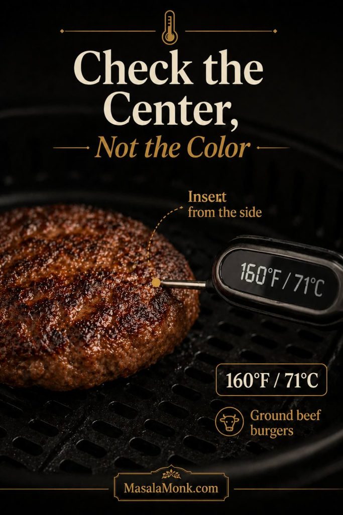 Digital thermometer inserted from the side into an air fryer burger patty showing 160°F and 71°C as the internal temperature for ground beef burgers.