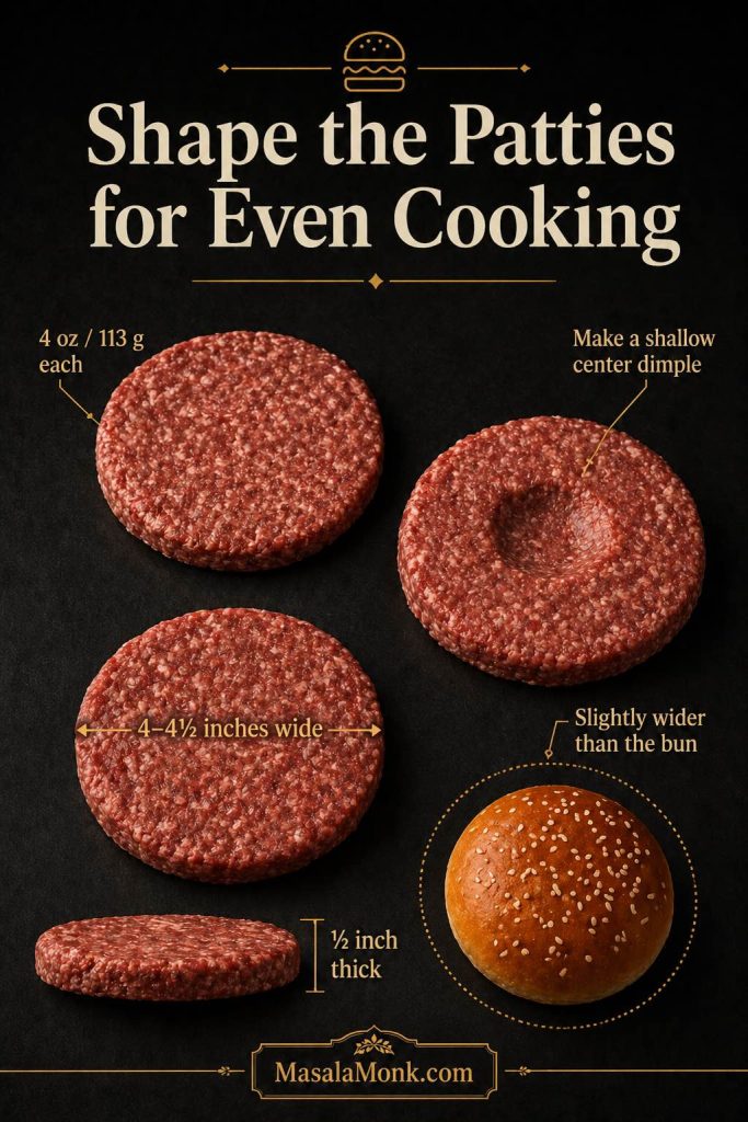 Raw air fryer burger patties showing 4-ounce portions, 4 to 4 and a half inch width, half-inch thickness, a shallow center dimple, and a bun size comparison.
