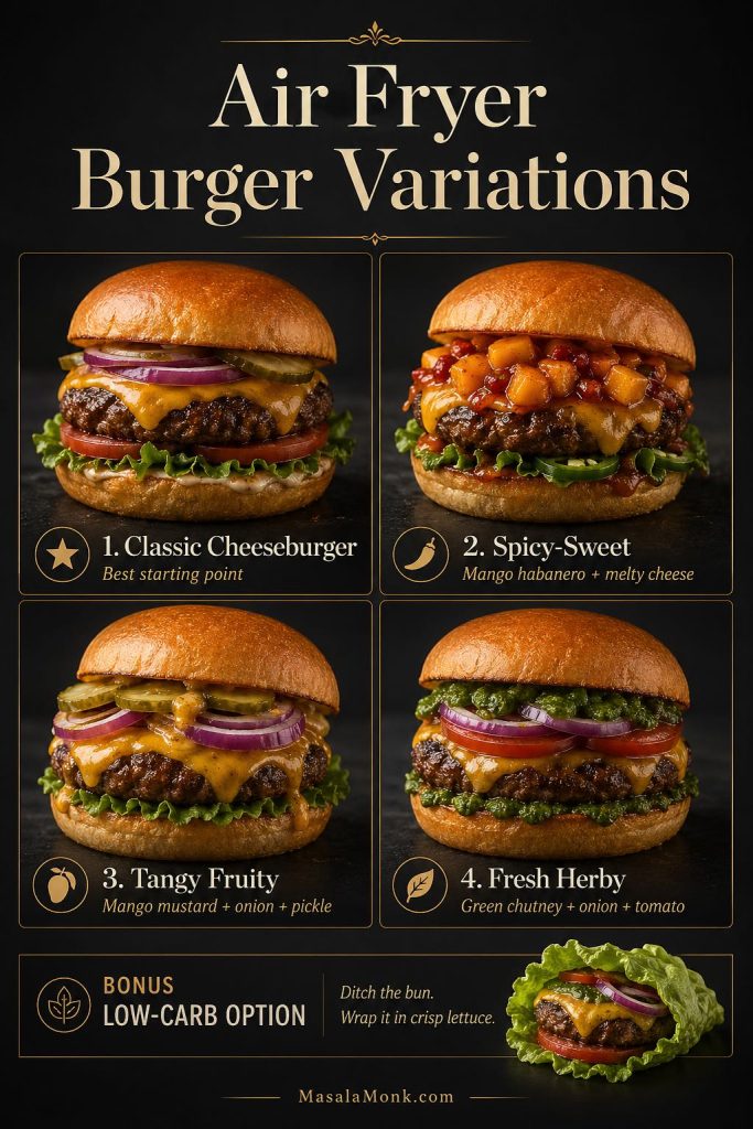 Air fryer burger variations guide showing a classic cheeseburger, spicy mango habanero burger, mango mustard burger, green chutney burger, and a low-carb lettuce-wrap option.