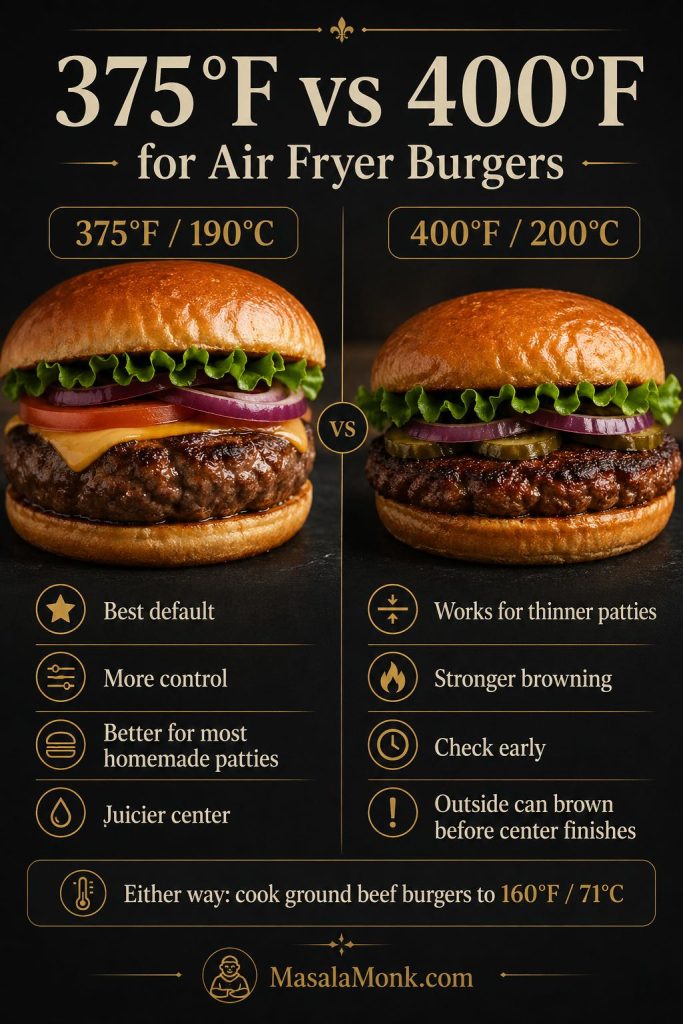 Comparison chart for air fryer burgers showing 375°F as the best default for control and 400°F as an option for thinner patties with earlier checking.