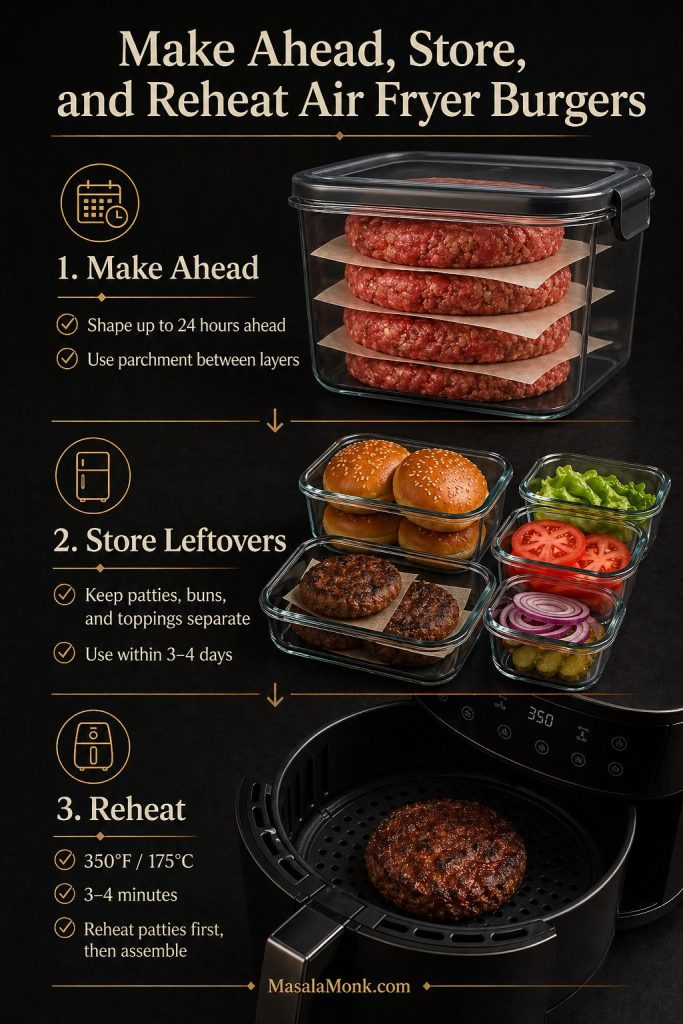 Air fryer burger storage guide showing raw patties made ahead with parchment, cooked patties stored separately from buns and toppings, and patties reheated in the air fryer.
