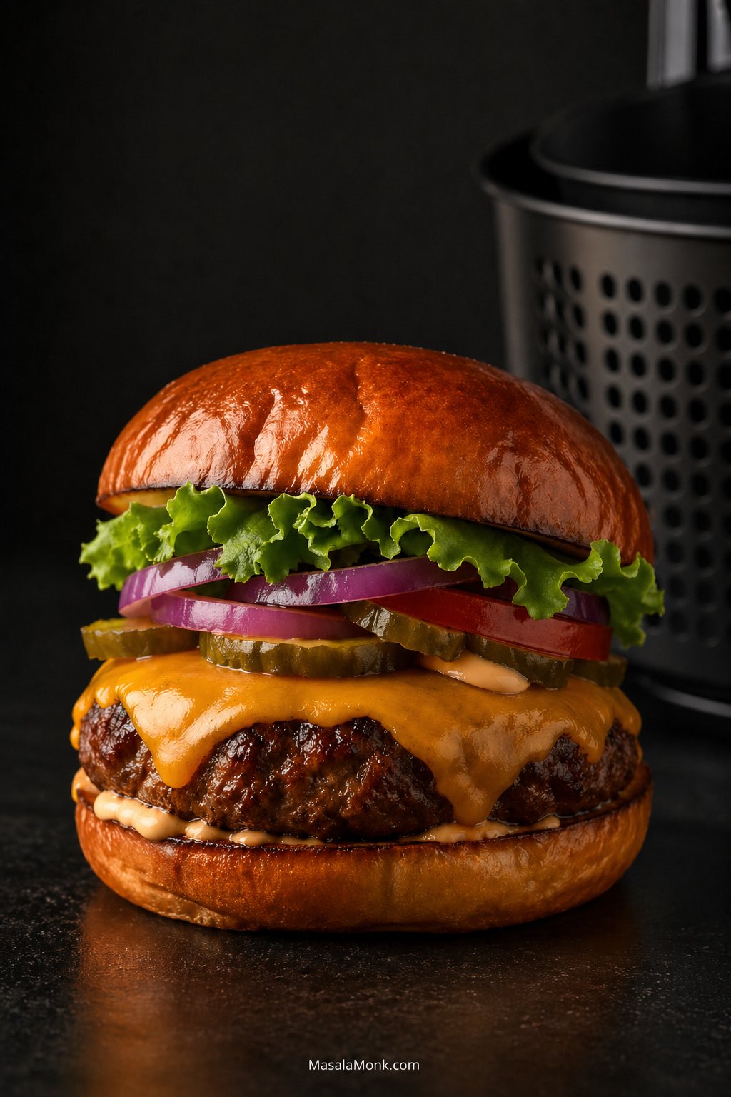 Juicy air fryer cheeseburger with melted cheddar, lettuce, tomato, red onion, pickles, and toasted bun on a dark surface, with an air fryer basket in the background.