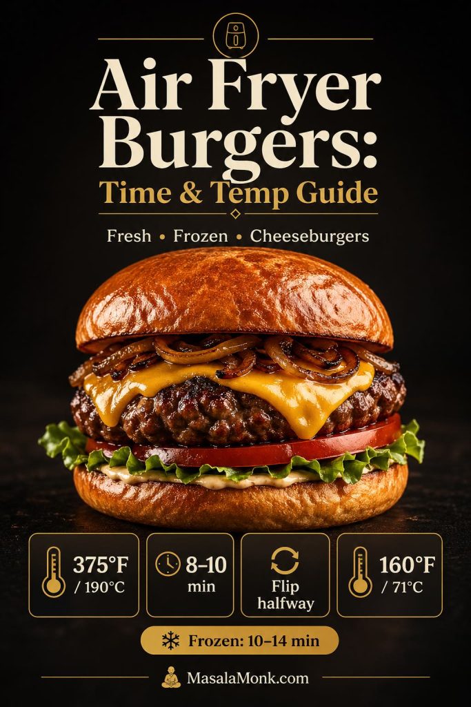 Air fryer burgers time and temperature guide showing 375°F or 190°C, 8 to 10 minutes for fresh patties, flip halfway, cook to 160°F or 71°C, and adjust timing for frozen burgers.