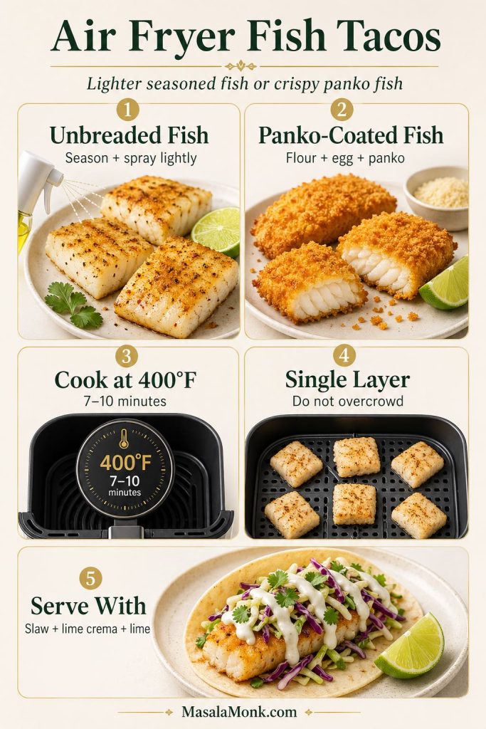 An air fryer fish tacos guide showing unbreaded seasoned fish, panko-coated fish, a 400°F cooking temperature for 7 to 10 minutes, fish pieces arranged in a single layer, and an air fryer fish taco served with slaw, lime crema, and lime.