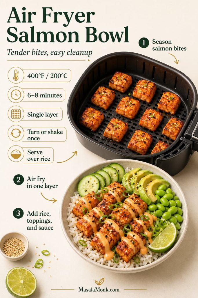 Air fryer salmon bowl guide showing salmon bites cooked at 400°F for 6 to 8 minutes, then served over rice with avocado, cucumber, edamame, lime, and creamy sauce.