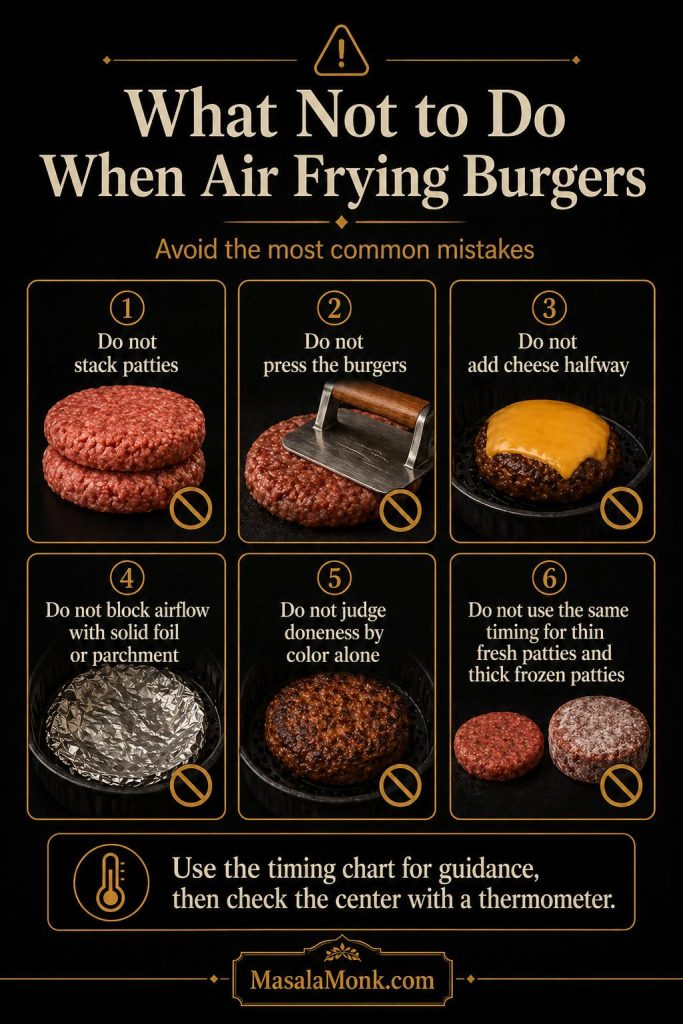 Air fryer burger mistakes to avoid, including stacking patties, pressing burgers, adding cheese too early, blocking airflow, judging doneness by color, and using one timing for every patty.