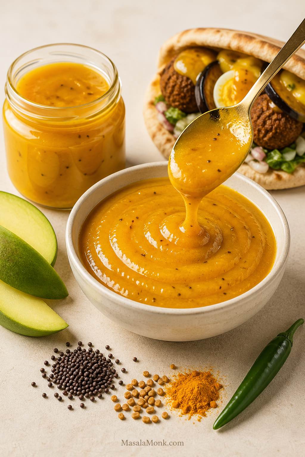 Golden amba sauce made with mango, turmeric, fenugreek, mustard seeds and chili, served with falafel pita.