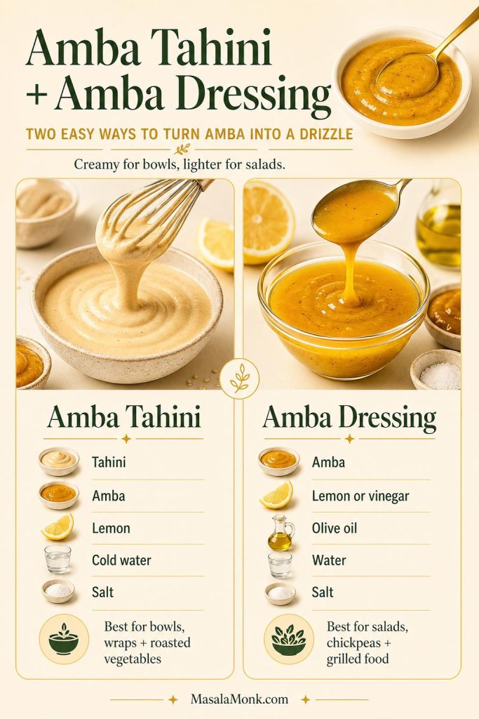 Split guide showing creamy amba tahini sauce and lighter amba dressing made with amba sauce, tahini, lemon, olive oil, water and salt.