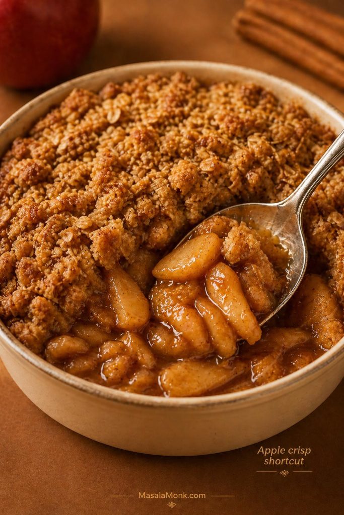 Apple crisp with golden crumble topping and glossy apple pie filling underneath.