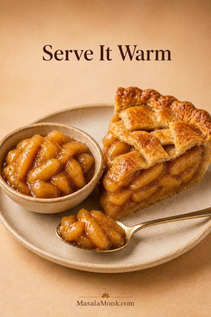 Warm apple pie slice served with a bowl of homemade apple pie filling and a spoon.