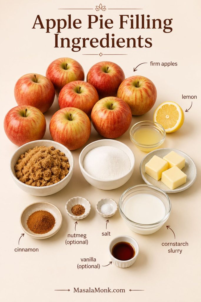 Ingredient guide for apple pie filling with firm apples, lemon, butter, brown sugar, granulated sugar, cinnamon, nutmeg, salt, cornstarch slurry, and vanilla.