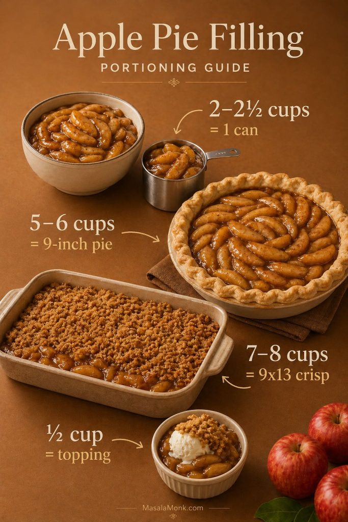 Portion guide for apple pie filling showing 2 to 2 1/2 cups for one can, 5 to 6 cups for a 9-inch pie, 7 to 8 cups for a 9x13 crisp, and 1/2 cup for topping.