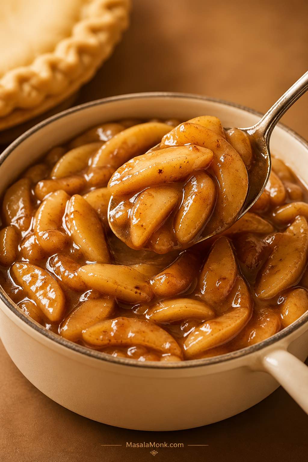 Homemade apple pie filling recipe with glossy cinnamon-coated apple slices lifted on a spoon.