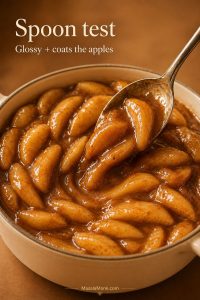 Homemade apple pie filling recipe with glossy cinnamon-coated apple slices lifted on a spoon.
