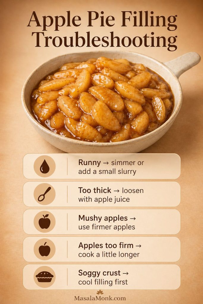 Troubleshooting guide for apple pie filling with fixes for runny filling, too-thick filling, mushy apples, apples that are too firm, and soggy crust.
