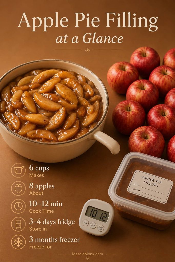 Apple pie filling guide showing 6 cups yield, 8 apples, 10 to 12 minutes cook time, 3 to 4 days refrigerator storage, and 3 months freezer storage.
