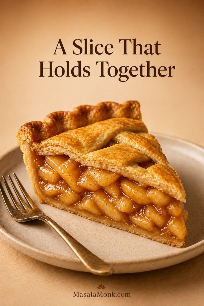 Slice of apple pie with thick glossy homemade apple filling holding together inside a flaky crust.