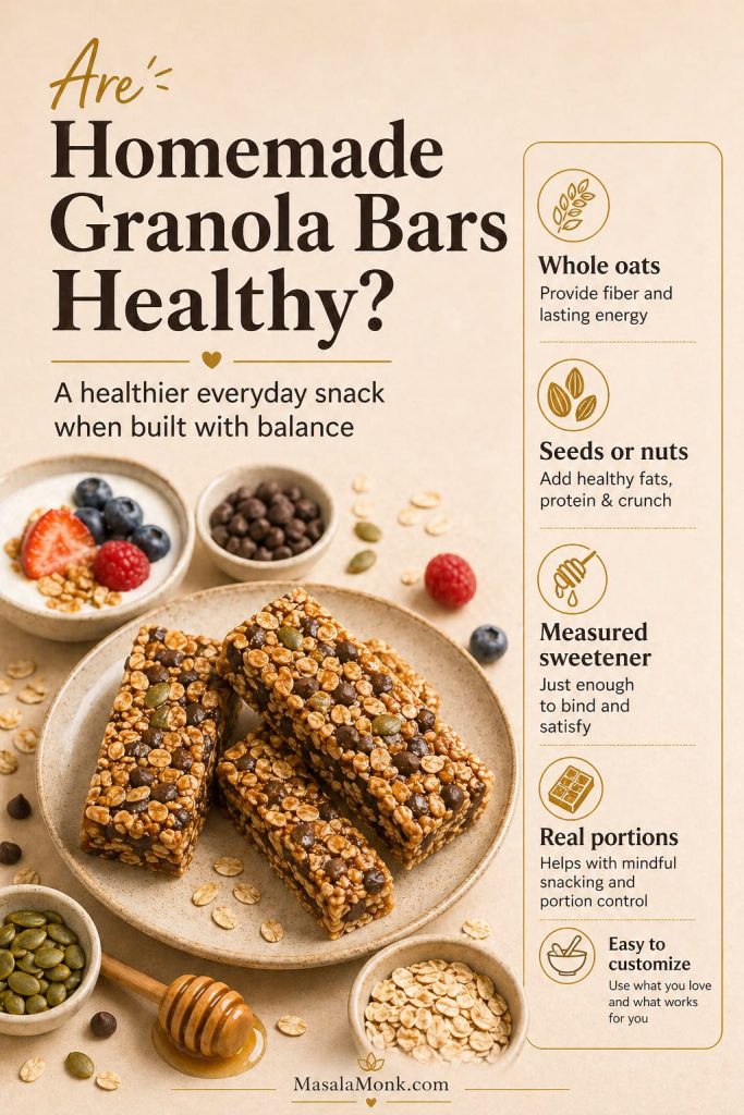 Plate of homemade granola bars with oats, seeds, chocolate chips, berries, and yogurt, alongside notes about why balanced homemade granola bars can be a healthier snack.