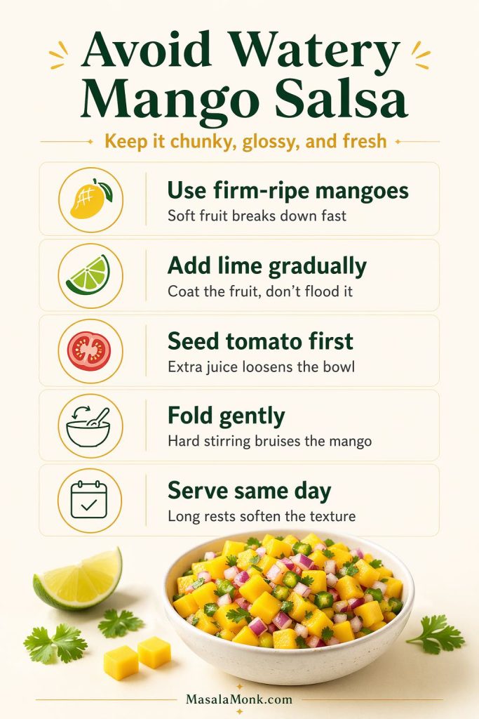 Troubleshooting card for avoiding watery mango salsa with tips to use firm-ripe mangoes, add lime gradually, seed tomato, fold gently, and serve the same day.