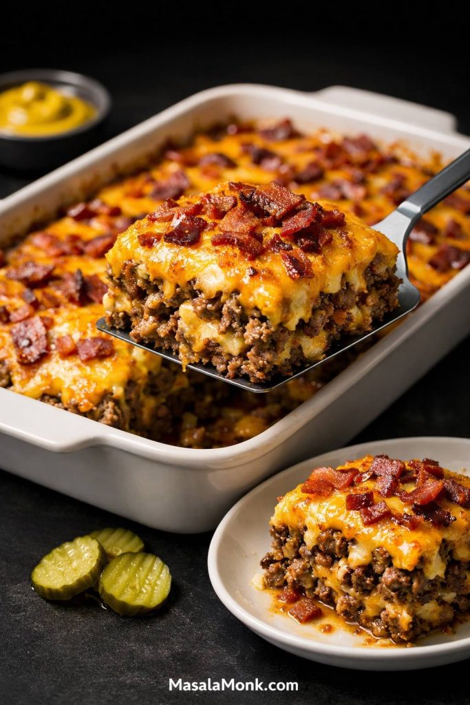 Bacon cheeseburger casserole with melted cheddar and crisp bacon, shown with a lifted square from a baking dish.
