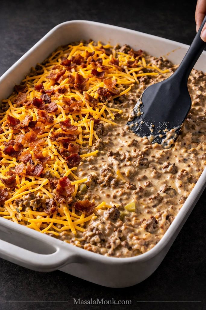 Black spatula smoothing unbaked bacon cheeseburger casserole in a baking dish, with shredded cheddar and bacon on top before baking.
