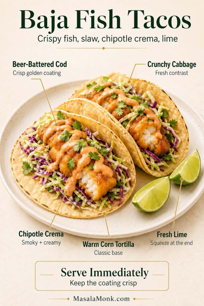 A Baja fish tacos guide showing crispy beer-battered cod in warm corn tortillas with crunchy cabbage, chipotle crema, fresh lime, and a reminder to serve immediately so the coating stays crisp.