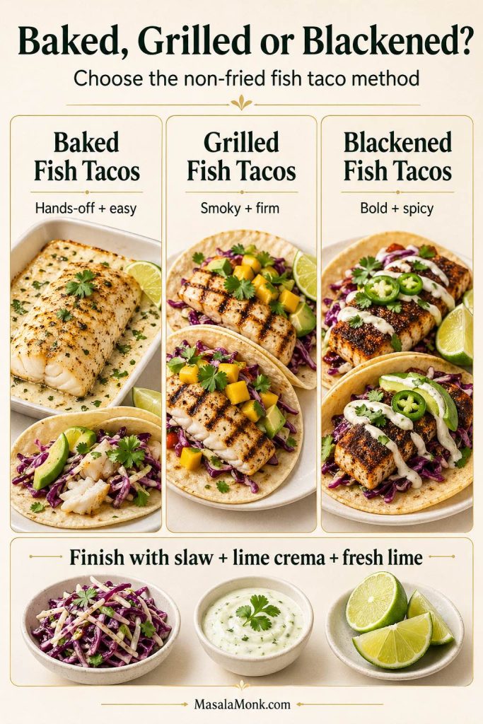 A fish taco method comparison guide showing baked fish tacos, grilled fish tacos, and blackened fish tacos, with notes for hands-off cooking, smoky firm fish, bold spicy fish, and a reminder to finish with slaw, lime crema, and fresh lime.