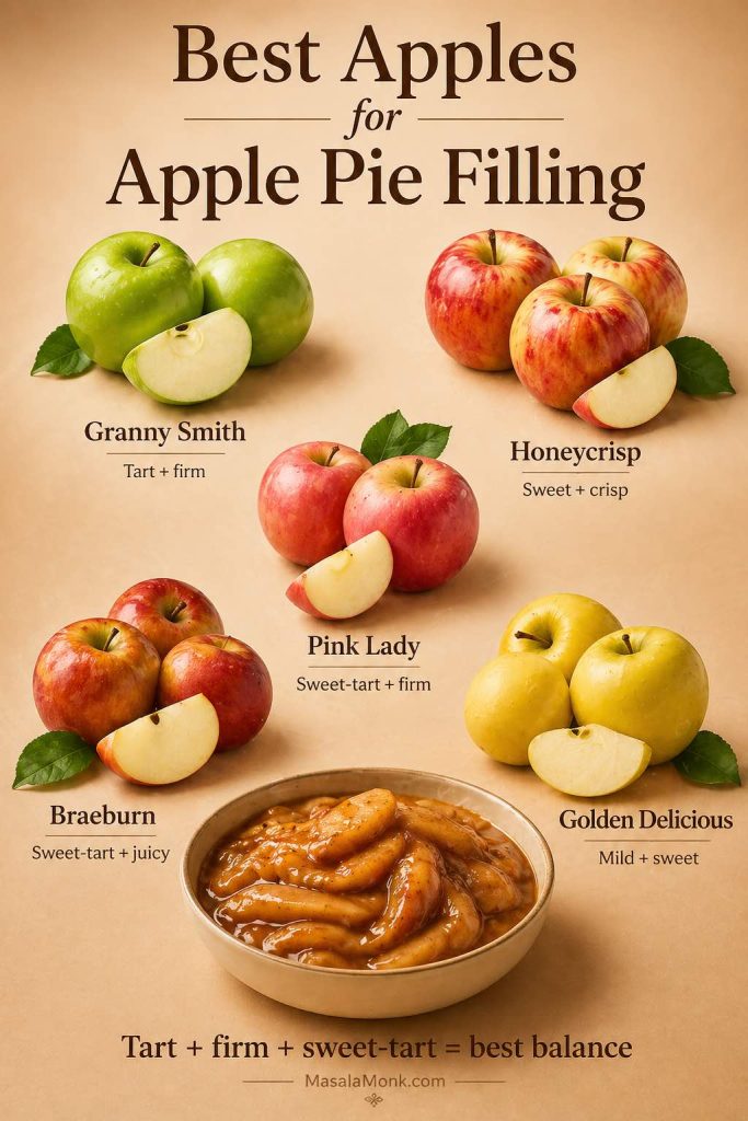 Best apples for apple pie filling, including Granny Smith, Honeycrisp, Pink Lady, Braeburn, and Golden Delicious, with a tart and firm apple balance note.