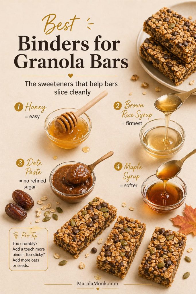 Binder comparison guide for granola bars showing honey, brown rice syrup, date paste, and maple syrup, with notes on firmness, sweetness, and texture.