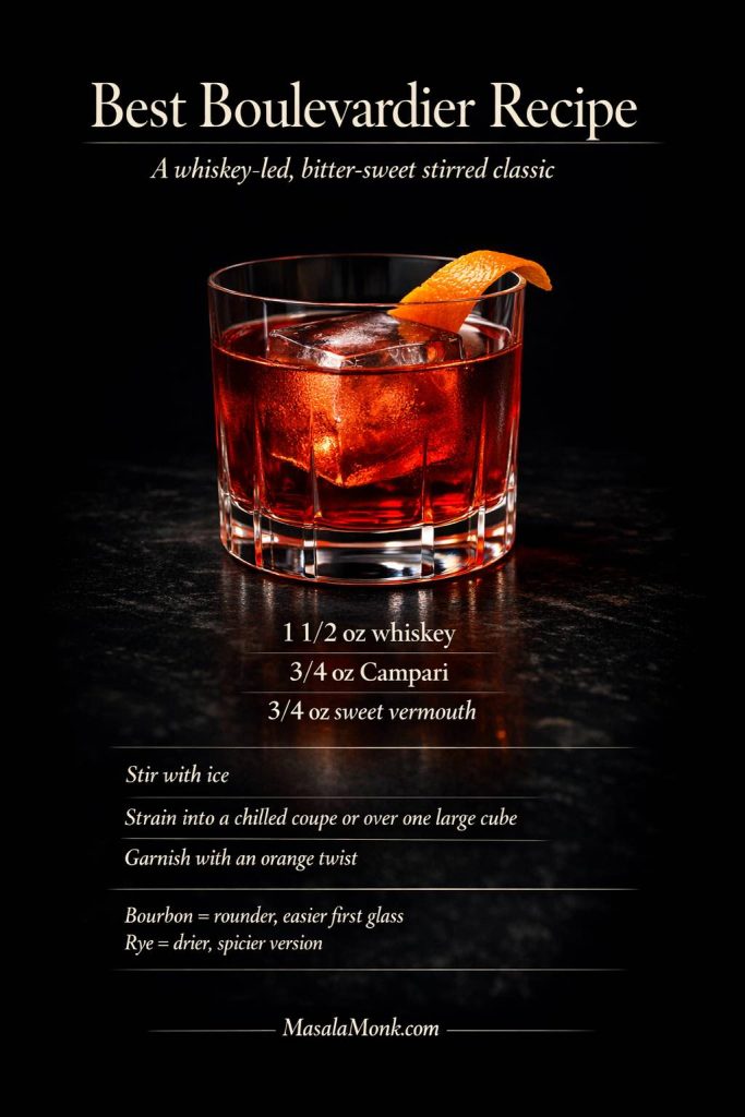 Boulevardier recipe card with a rocks-glass serve, large ice cube, orange twist, and a 1 1/2 oz whiskey, 3/4 oz Campari, 3/4 oz sweet vermouth build.