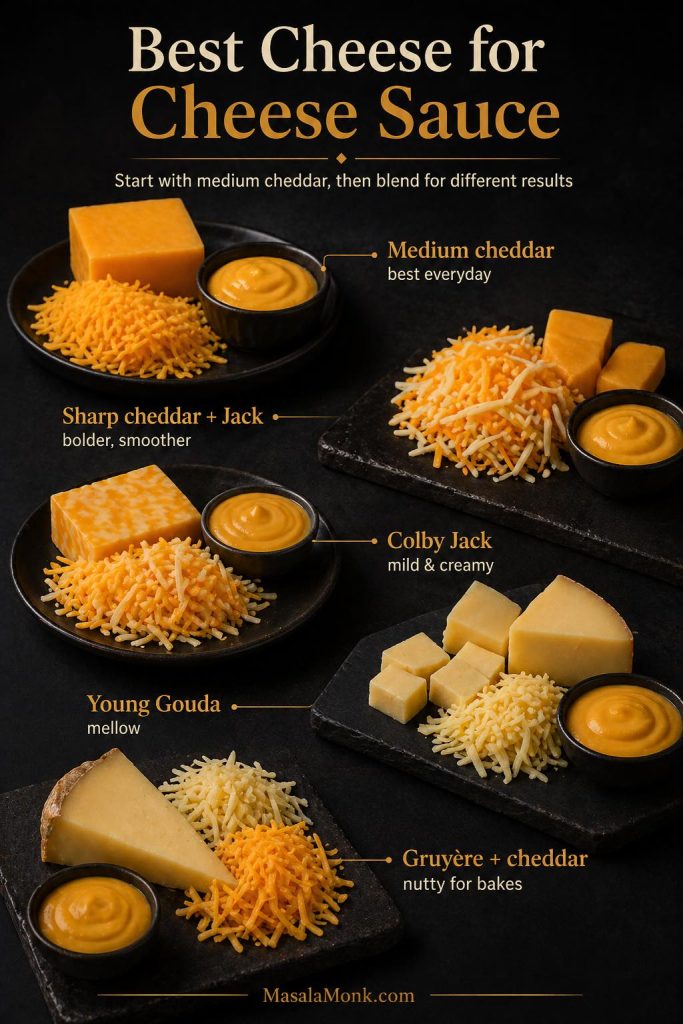 Best cheeses for cheese sauce including medium cheddar, sharp cheddar with Monterey Jack, Colby Jack, young Gouda, and Gruyère with cheddar.