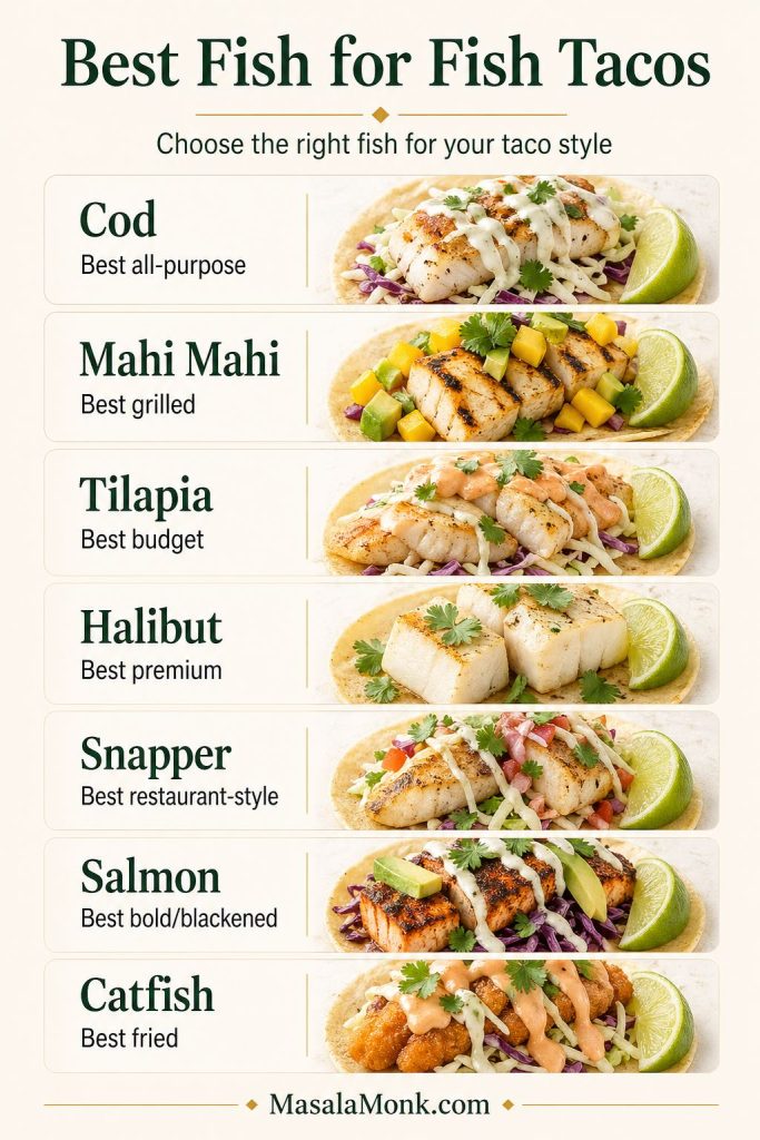 A vertical guide titled “Best Fish for Fish Tacos” comparing cod, mahi mahi, tilapia, halibut, snapper, salmon, and catfish, with each fish matched to its best taco use such as all-purpose, grilled, budget, premium, restaurant-style, blackened, or fried.